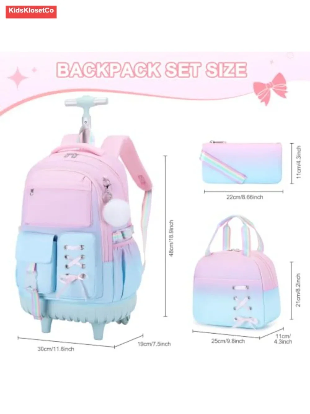 Rolling Backpack for Girls with Wheels, Laptop Compartment, USB Port, Lunch Bag